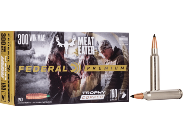 Federal Premium Meat Eater Ammunition 300 Winchester Magnum 180 Grain Trophy Copper Tipped Boat Tail Lead-Free Box of 20