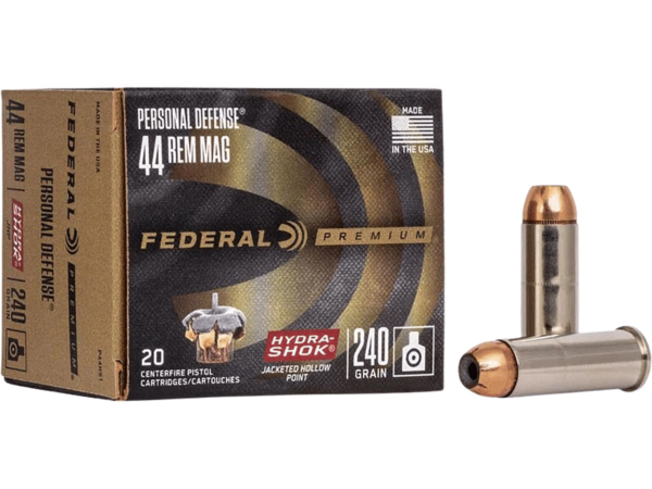 Federal Premium Personal Defense Ammunition 44 Remington Magnum 240 Grain Hydra-Shok Jacketed Hollow Point Box of 20