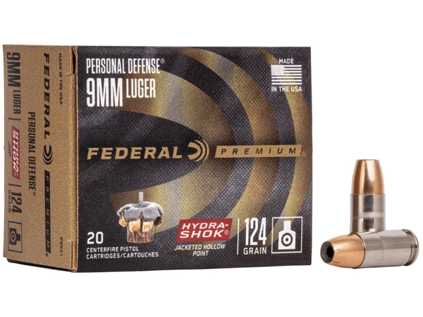 Federal Premium Personal Defense Ammunition 9mm Luger 124 Grain Hydra-Shok Jacketed Hollow Point