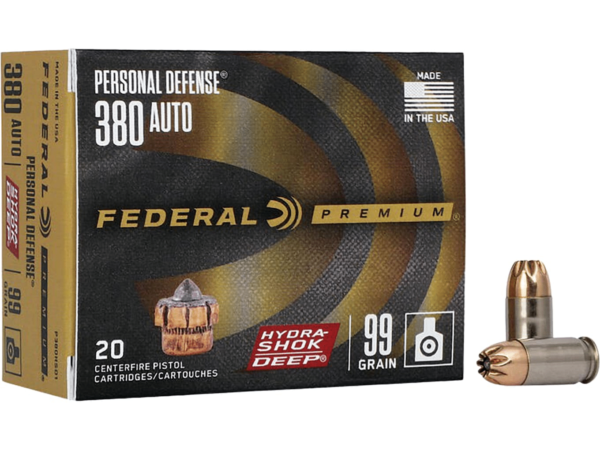 Federal Premium Personal Defense Micro Ammunition 380 ACP 99 Grain Hydra-Shok Deep Jacketed Hollow Point Box of 20