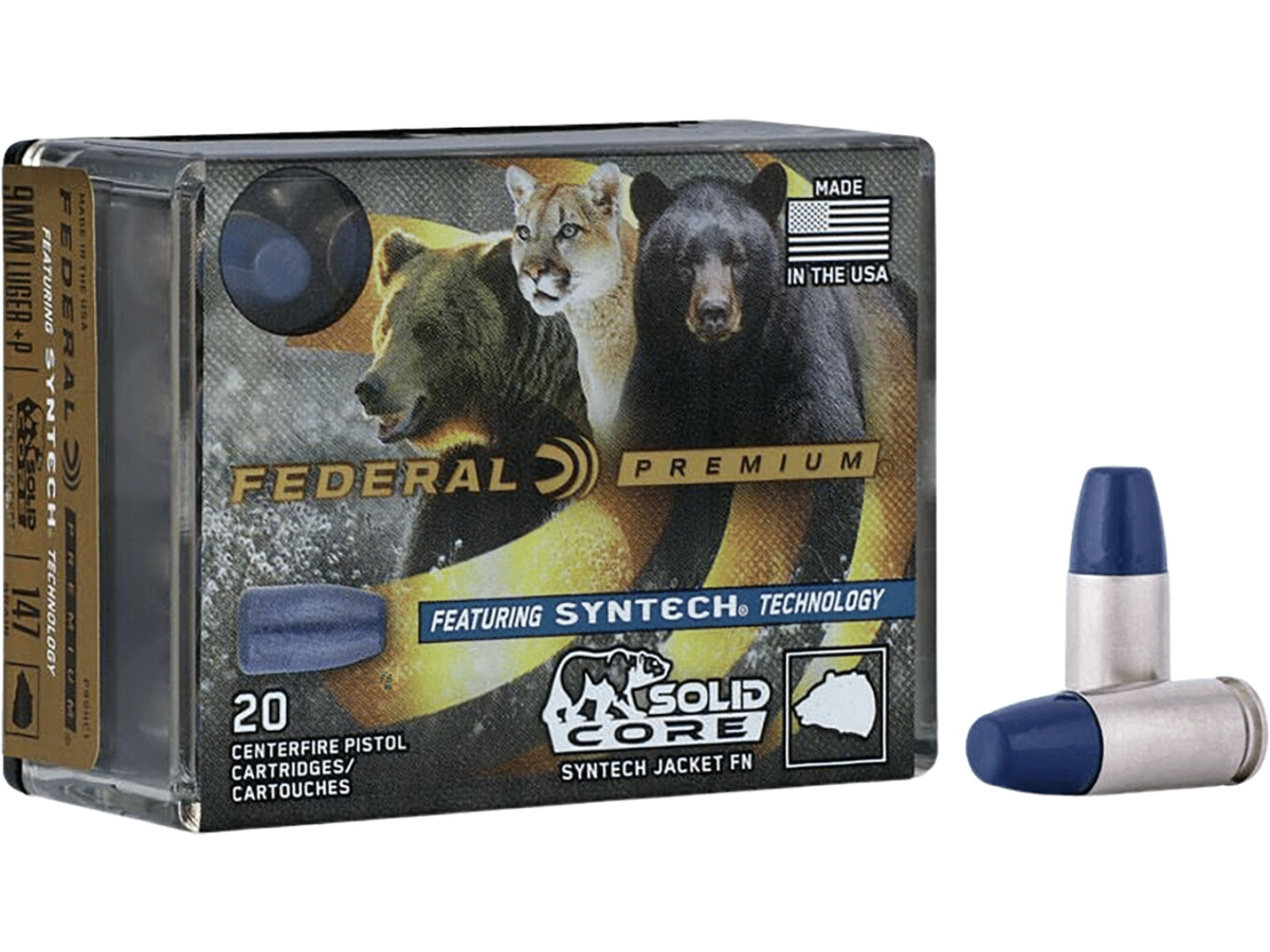 Federal Syntech Solid Core Ammunition 9mm Luger +P 147 Grain Total Synthetic Jacket Hard Cast Flat Nose