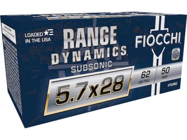 Fiocchi Range Dynamics Ammunition 5.7x28mm FN Subsonic 62 Grain Full Metal Jacket