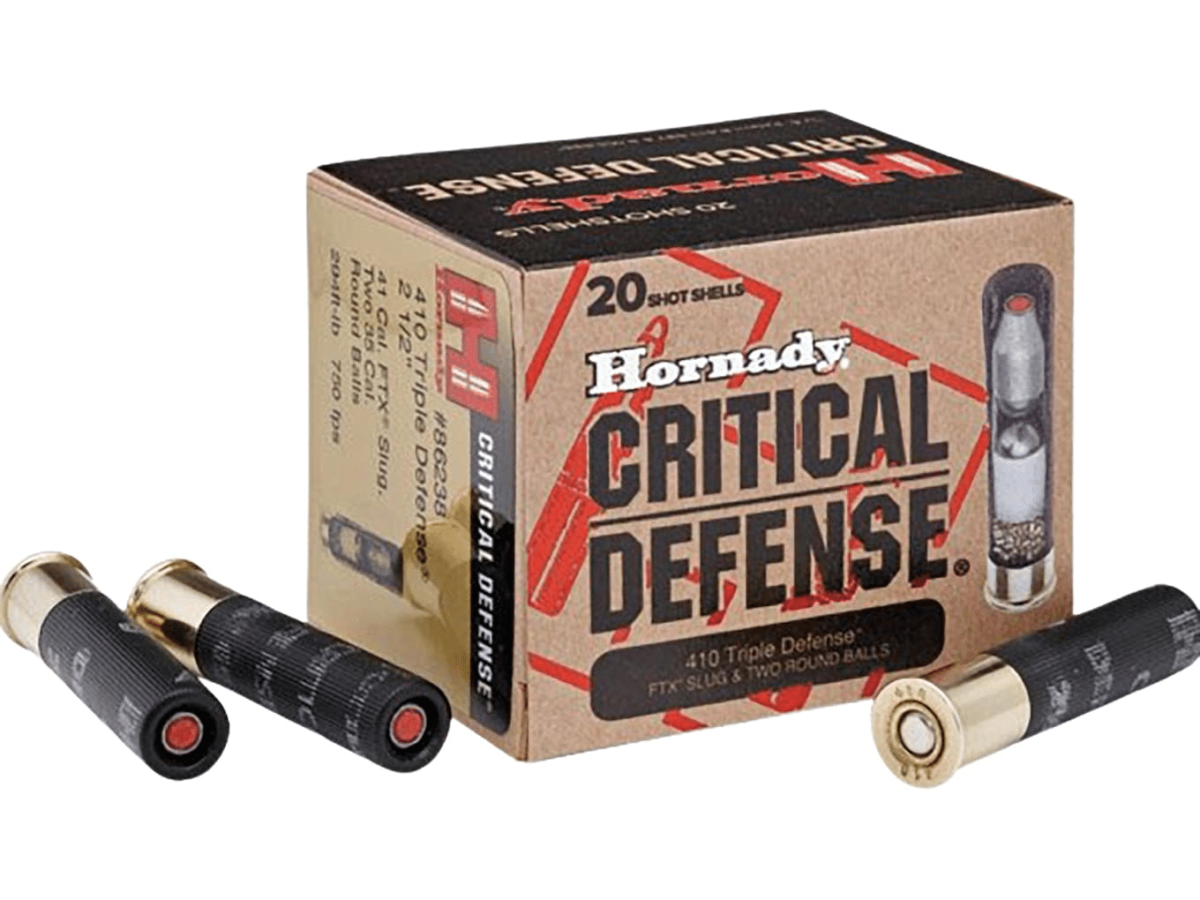 Hornady Critical Defense Ammunition 410 Bore 2-1/2" 41 Caliber FTX Slug over two 35 Caliber Lead Round Balls Box of 20